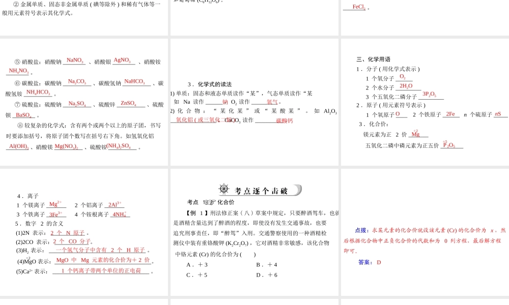 2012年中考化学复习资料 第4讲 化合价及化学用语课件