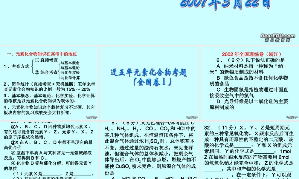 2007年浙江省杭州市高三化学对元素化合物知识复习的思考