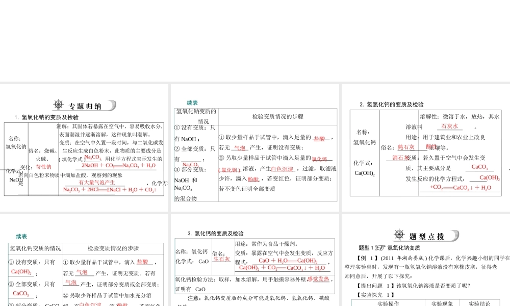2012年中考化学复习资料 专题四 氢氧化钠和氢氧化钙的变质课件