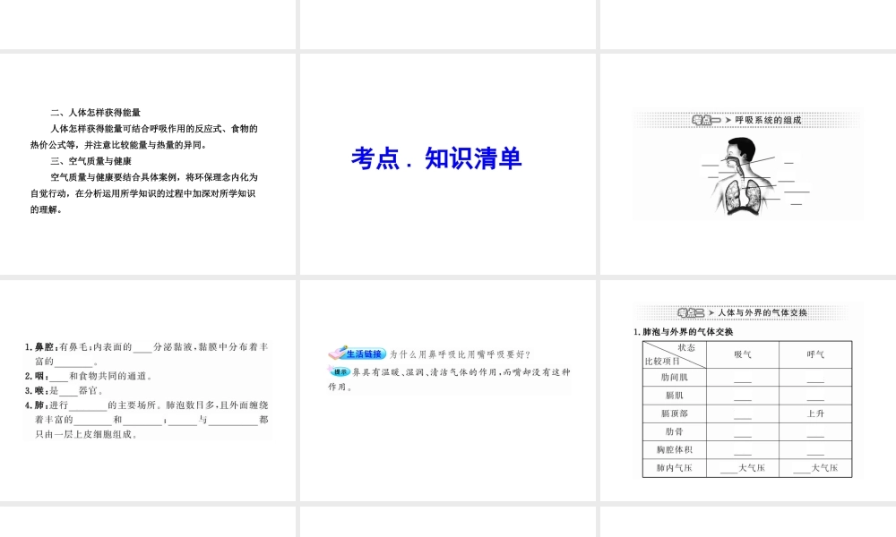 2012年中考生物学第二轮专题复习资料 第三单元生物圈中的人 第二章人的生活需要空气课件 济南版