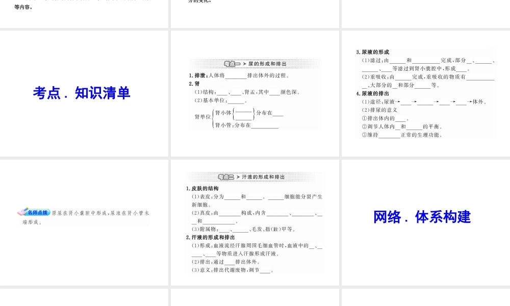 2012年中考生物学第一轮复习资料 第三单元第四章人体内废物的排出课件 济南版