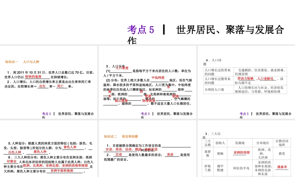 2013届中考地理最后冲刺练 考点5 世界居民、聚落与发展合作课件 湘教版