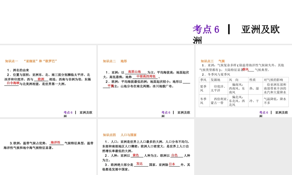 2013届中考地理最后冲刺练 考点6 亚洲及欧洲课件 湘教版