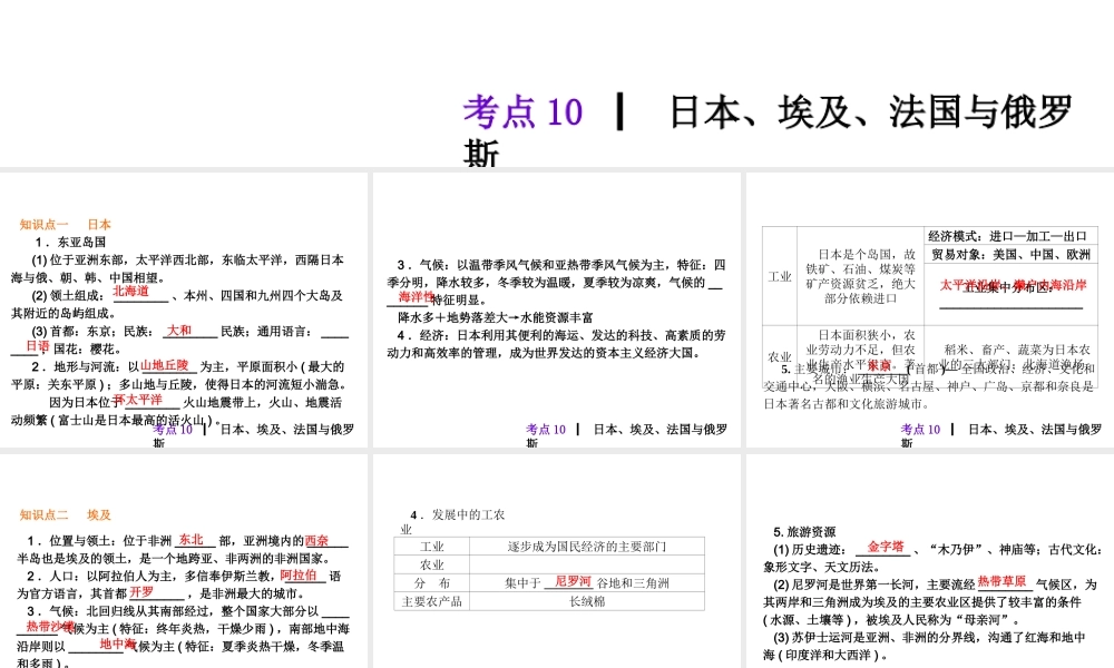 2013届中考地理最后冲刺练 考点10 日本、埃及、法国与俄罗斯课件 湘教版