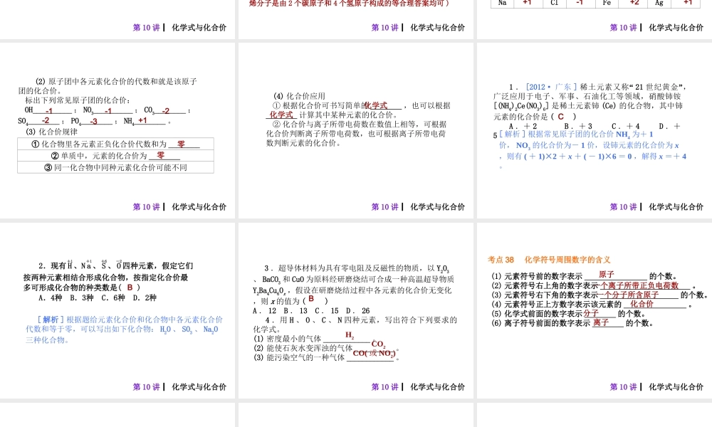 2013届中考化学考前热点冲刺《第十讲 化学式与化合价》（单课考点自主梳理+热点反馈+典例真题分析）课件 新人教版
