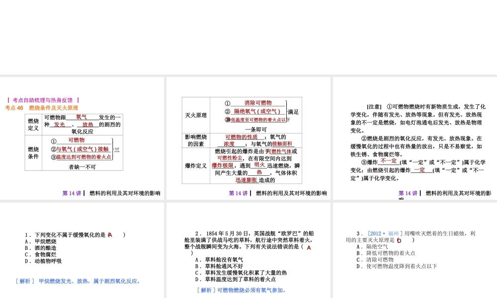 2013届中考化学考前热点冲刺《第十四讲 燃料的利用及其对环境的影响》（单课考点自主梳理+热点反馈+典例真题分析）课件 新人教版