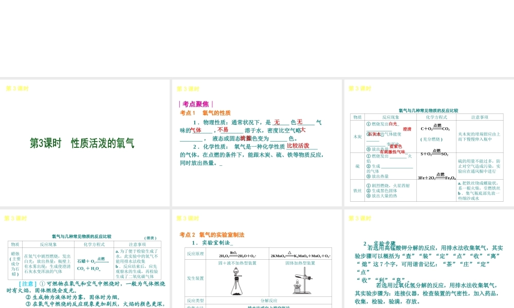 2013届中考化学考前热点聚焦《第3课时 性质活泼的氧气》（单课考点聚焦+热考精讲+知识点归类）课件 沪教版