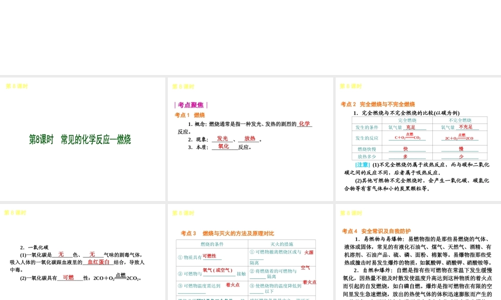 2013届中考化学考前热点聚焦《第8课时 常见的化学反应—燃烧》（单课考点聚焦+热考精讲+知识点归类）课件 沪教版