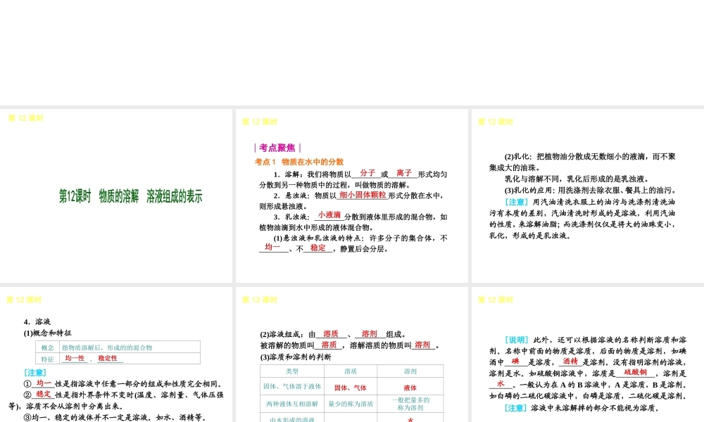 2013届中考化学考前热点聚焦《第12课时 物质的溶解 溶液组成的表示 》（单课考点聚焦+热考精讲+知识点归类）课件 沪教版