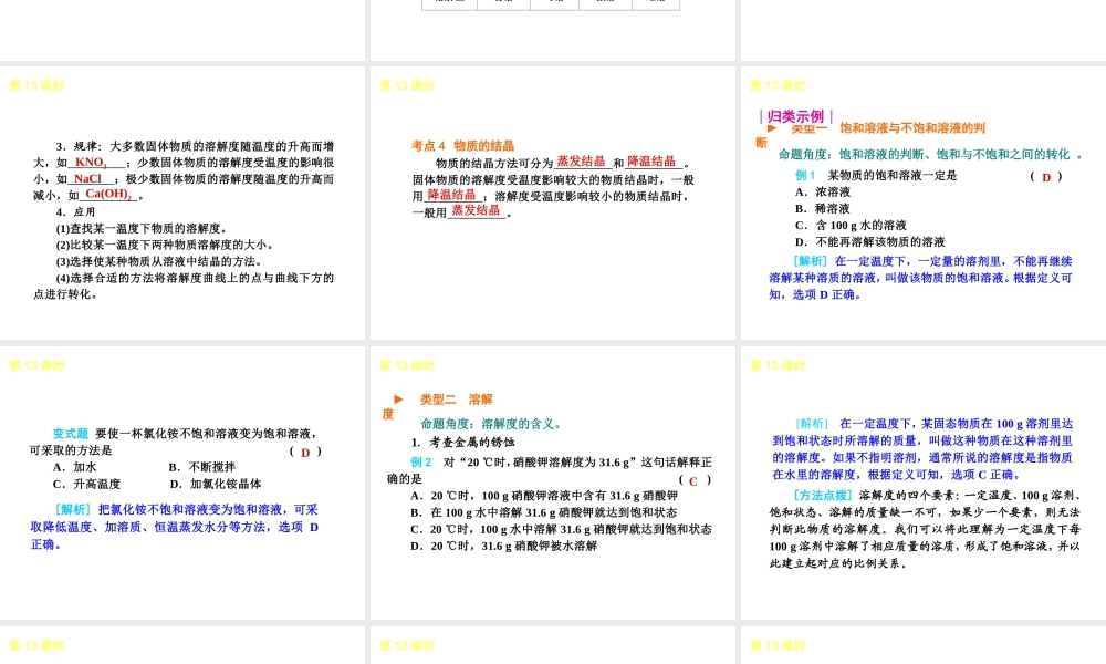 2013届中考化学考前热点聚焦《第13课时 物质的溶解性》（单课考点聚焦+热考精讲+知识点归类）课件 沪教版