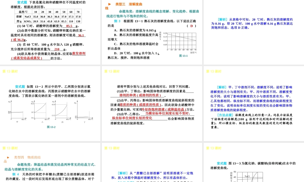 2013届中考化学考前热点聚焦《第13课时 物质的溶解性》（单课考点聚焦+热考精讲+知识点归类）课件 沪教版