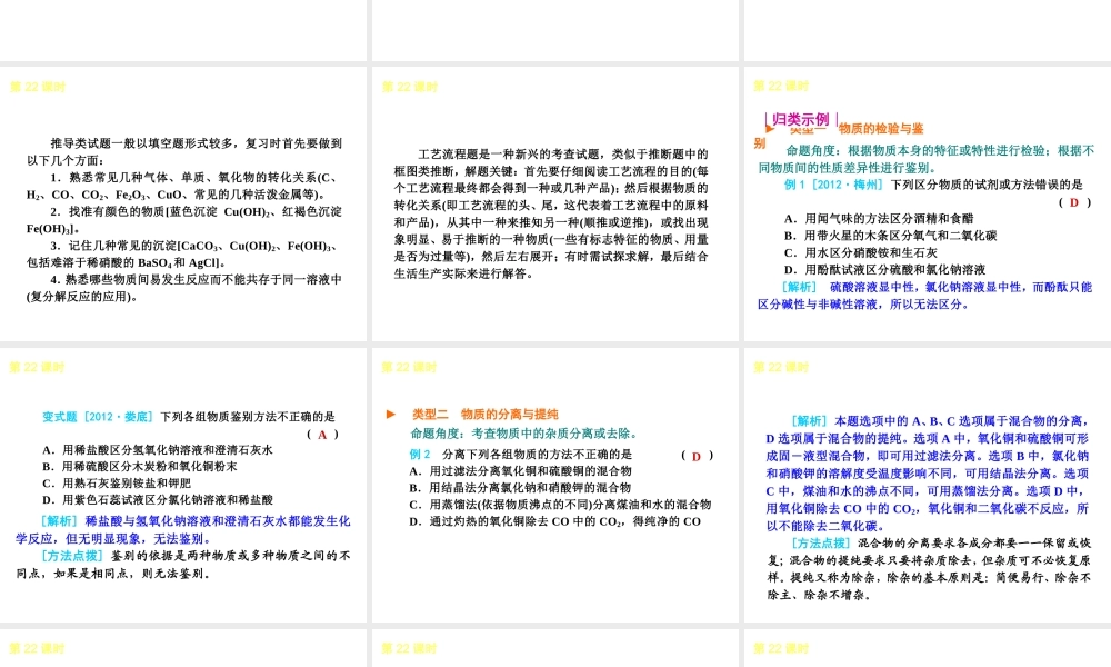 2013届中考化学考前热点聚焦《第22课时 物质的推断、鉴别、提纯与制备》（单课考点聚焦+热考精讲+知识点归类）课件 沪教版
