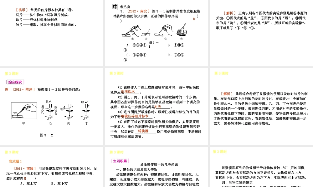 2013届中考生物 考前查漏补缺《第3课时 显微镜的构造与使用》（考点聚焦 +考前热身+平时知识积累）课件 新人教版
