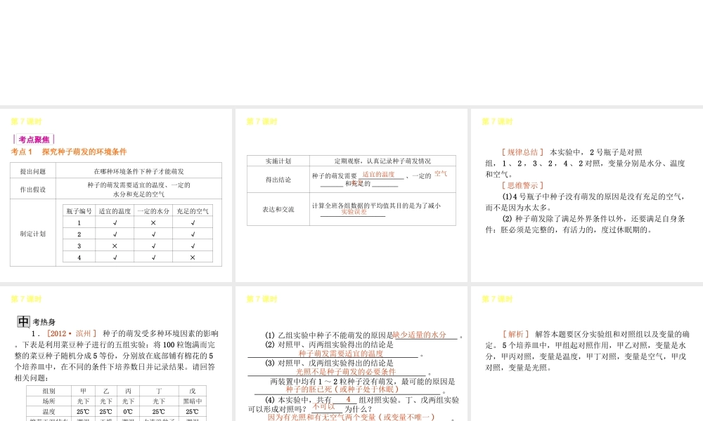 2013届中考生物 考前查漏补缺《第7课时 被子植物的一生》（考点聚焦 +考前热身+平时知识积累）课件 新人教版