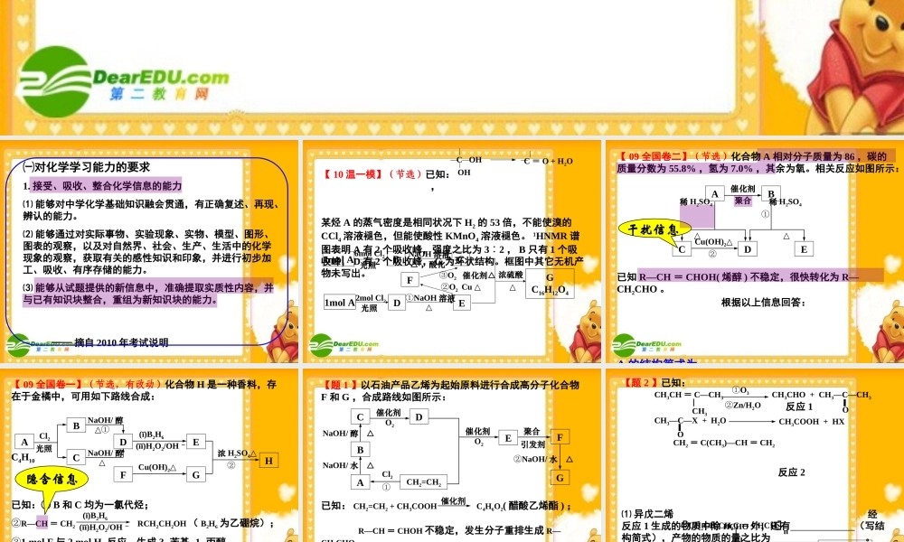 2010浙江省温州高中化学高考二模分析及备考研讨会课件一、二类学校：《有机推断题解题》