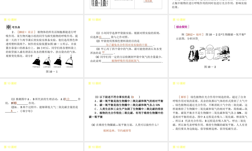 2013届中考生物 考前查漏补缺《第10课时 绿色植物的呼吸作用》（考点聚焦 +考前热身+平时知识积累）课件 新人教版