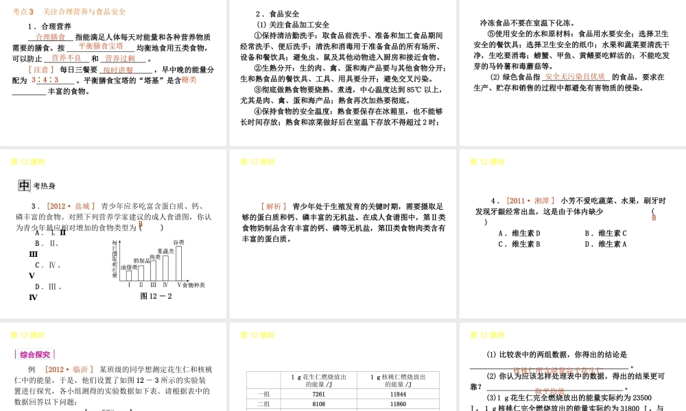 2013届中考生物 考前查漏补缺《第12课时 人体的营养》（考点聚焦 +考前热身+平时知识积累）课件 新人教版