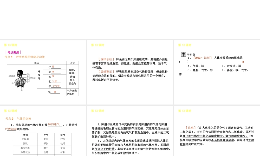 2013届中考生物 考前查漏补缺《第13课时 人体的呼吸》（考点聚焦 +考前热身+平时知识积累）课件 新人教版