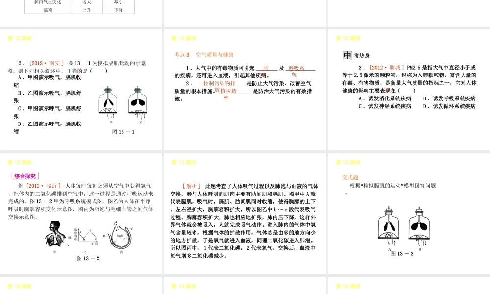 2013届中考生物 考前查漏补缺《第13课时 人体的呼吸》（考点聚焦 +考前热身+平时知识积累）课件 新人教版