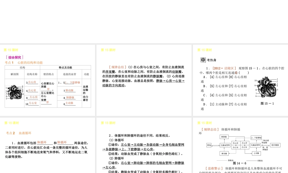 2013届中考生物 考前查漏补缺《第15课时 心脏与血液循环》（考点聚焦 +考前热身+平时知识积累）课件 新人教版