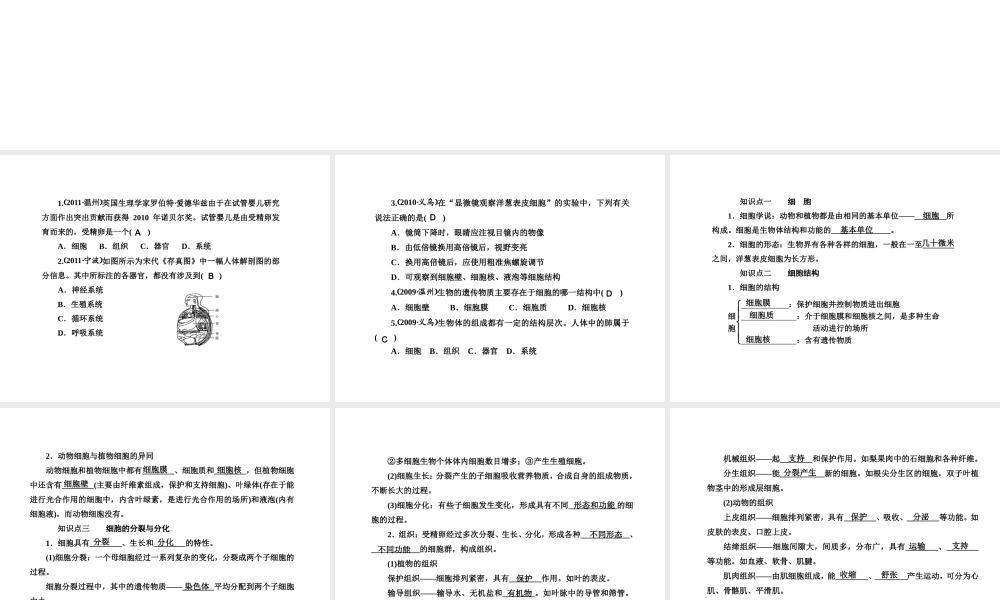2012版中考科学 第二章 细 胞精品课件（含3年中考真题） 浙教版