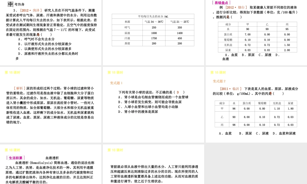2013届中考生物 考前查漏补缺《第16课时 人体内废物的排出》（考点聚焦 +考前热身+平时知识积累）课件 新人教版
