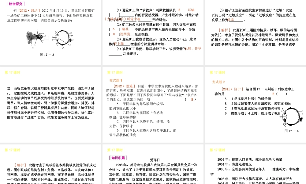 2013届中考生物 考前查漏补缺《第17课时 人体对外界环境的感知》（考点聚焦 +考前热身+平时知识积累）课件 新人教版