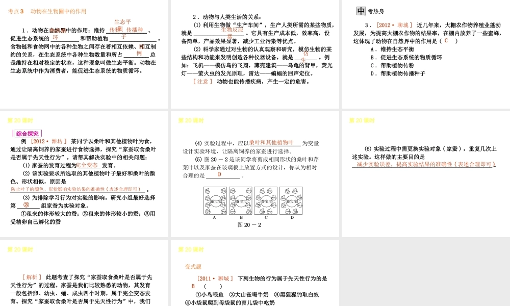2013届中考生物 考前查漏补缺《第20课时 动物的运动和行为》（考点聚焦 +考前热身+平时知识积累）课件 新人教版