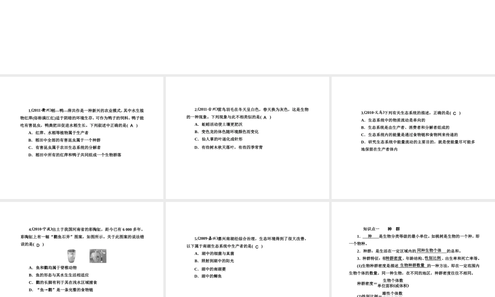 2012版中考科学 第三章 种群 生物群落 生态系统和生物圈精品课件（含3年中考真题） 浙教版