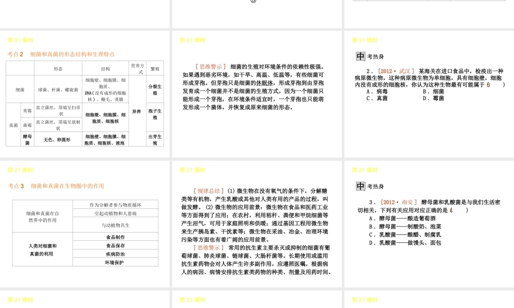 2013届中考生物 考前查漏补缺《第21课时 生物圈中的微生物》（考点聚焦 +考前热身+平时知识积累）课件 新人教版