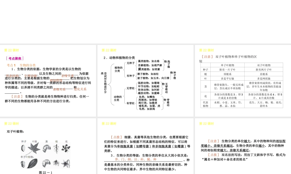 2013届中考生物 考前查漏补缺《第22课时 生物的多样性》（考点聚焦 +考前热身+平时知识积累）课件 新人教版