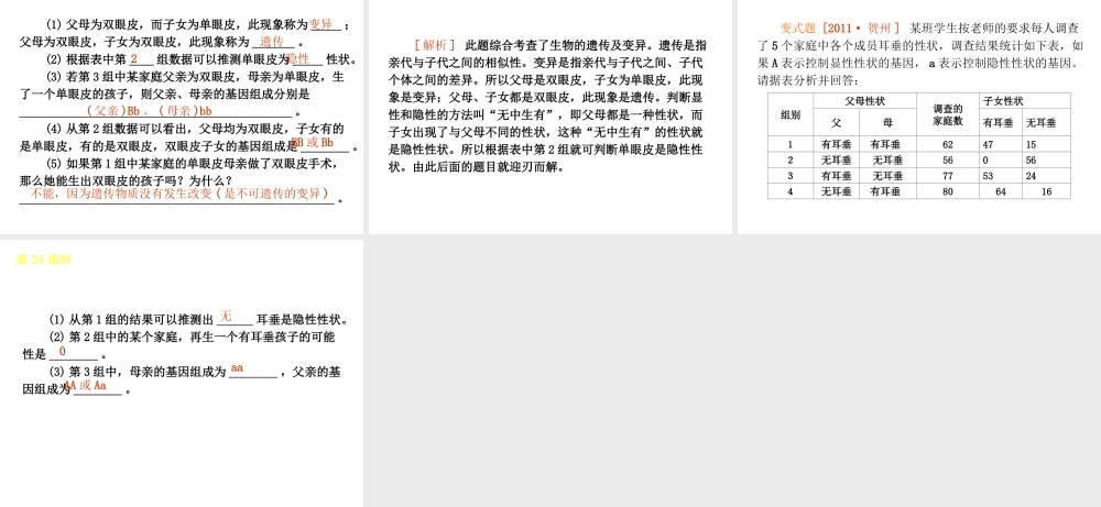 2013届中考生物 考前查漏补缺《第24课时 生物的遗传和变异 》（考点聚焦 +考前热身+平时知识积累）课件 新人教版