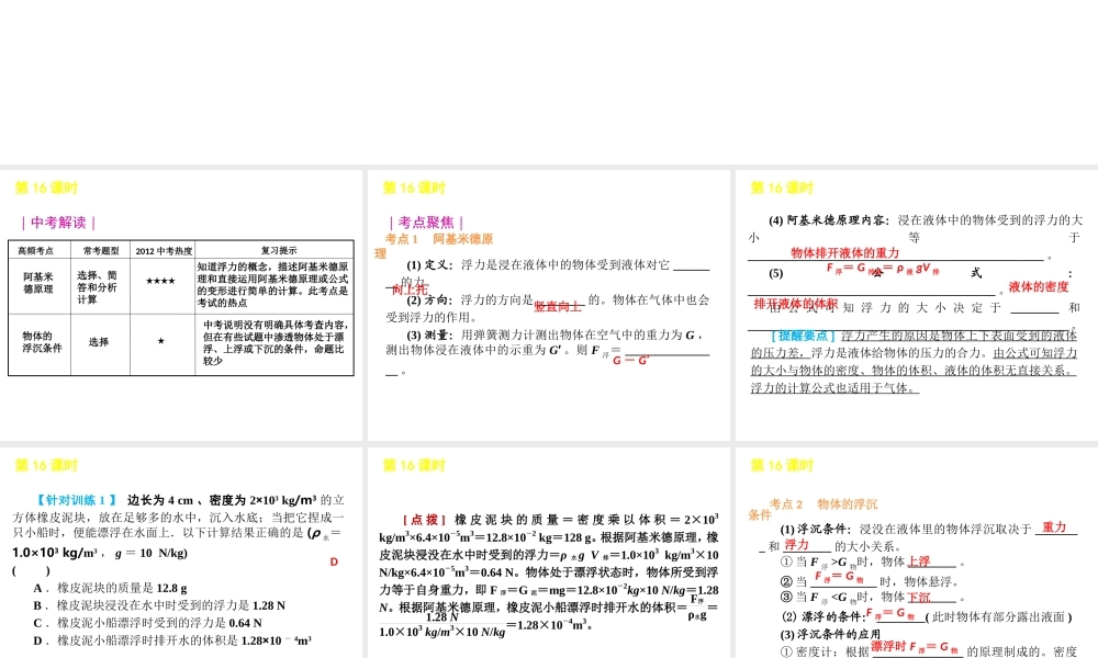2012版中考科学一轮复习 第16课时浮力精品课件 浙教版