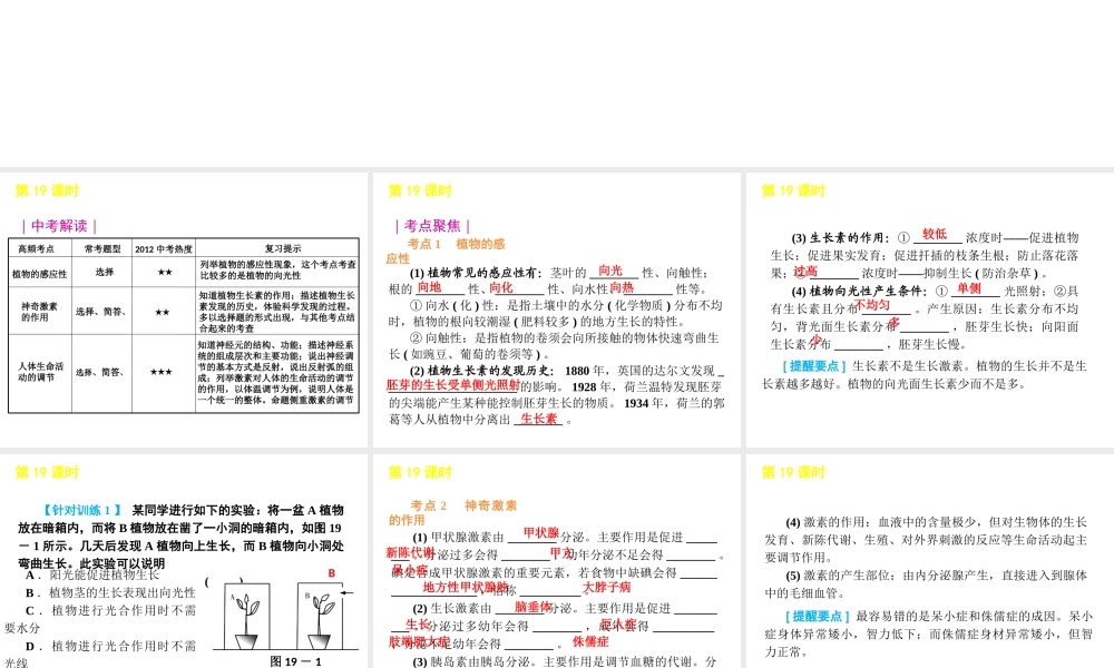2012版中考科学一轮复习 第19课时生命活动的调节精品课件 浙教版