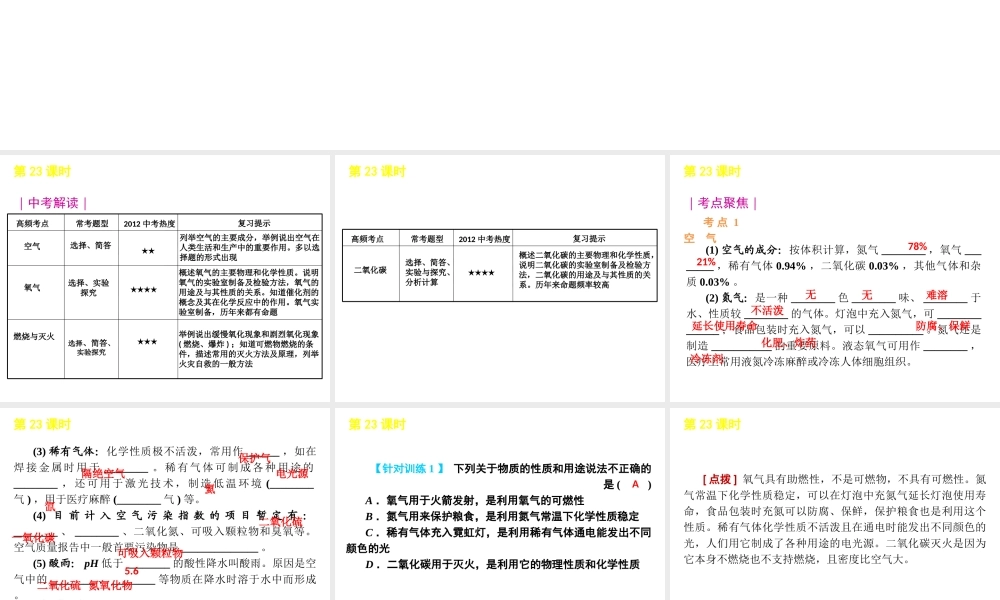 2012版中考科学一轮复习 第23课时空气精品课件 浙教版