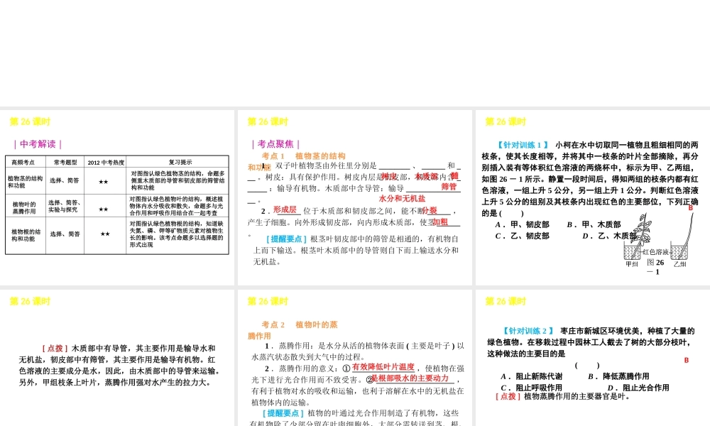 2012版中考科学一轮复习 第26课时无机盐和水对植物生长的作用精品课件 浙教版