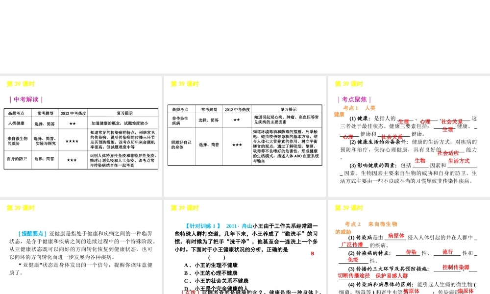 2012版中考科学一轮复习 第39课时人的健康与环境精品课件 浙教版