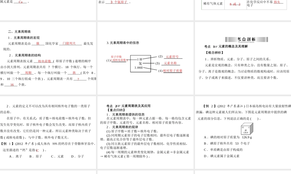 2013年中考化学复习 第3讲《元素及元素周期表》课件 粤教版