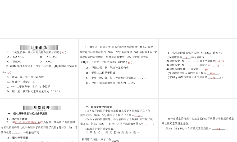 2013年中考化学复习 第5讲《有关化学式的计算》课件 粤教版