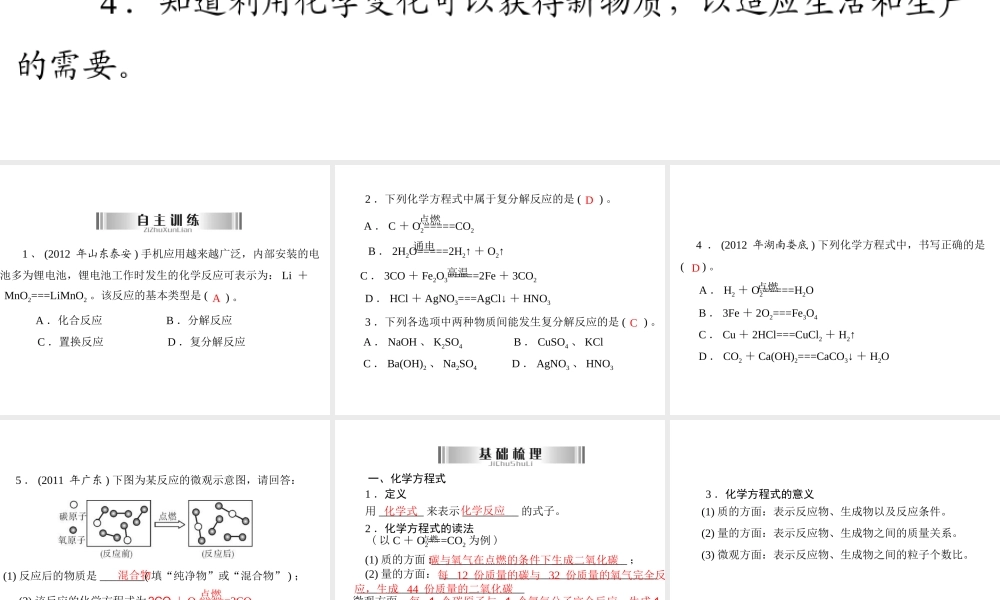 2013年中考化学复习 第8讲《化学方程式及反应基本类型》课件 粤教版