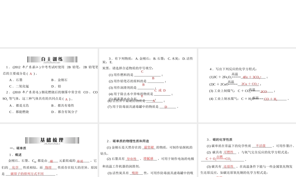 2013年中考化学复习 第12讲《碳单质和一氧化碳》课件 粤教版