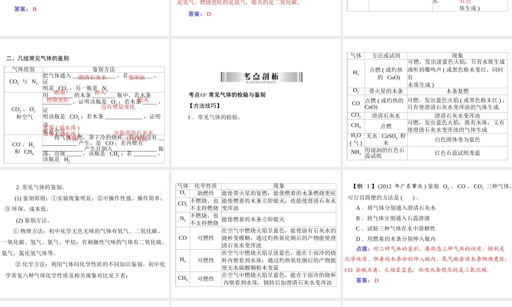 2013年中考化学复习 第27讲《气体的检验及鉴别》课件 粤教版