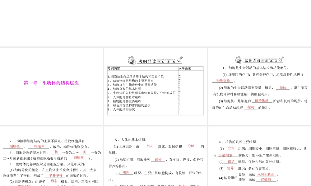 2013年中考生物复习 第一章 生物体的结构层次课件 北师大版