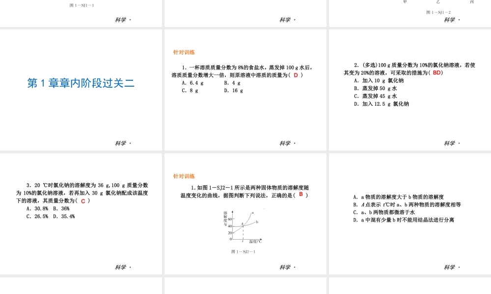 2014届中考科学复习练习 八上 第1章 水和水的溶液（章内阶段过关+综合过关检测针对训练+阶段综合测试一针对训练）课件 浙教版