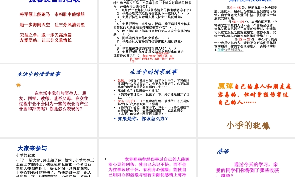 2014年秋七年级政治上册 第七课 第一框 生活需要宽容和友善课件 苏教版