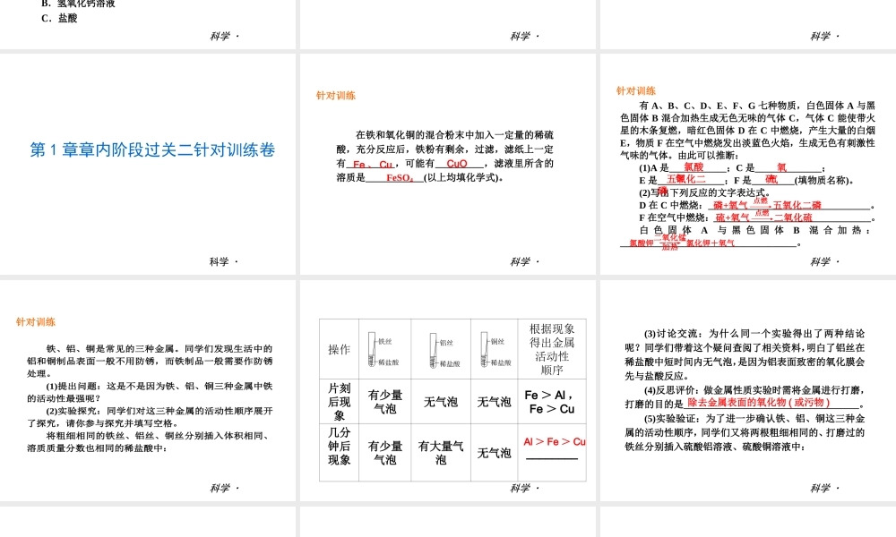 2014届中考科学复习练习 九上 第1章 探索物质的变化（章内阶段过关+综合过关检测针对训练+阶段综合测试一针对训练）课件 浙教版