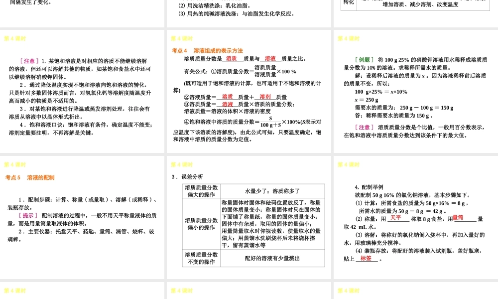 2014年中考化学一轮复习 第4课时 溶液（查漏补缺+专题专练）课件 鲁教版