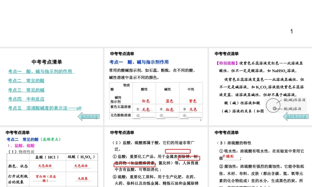 2014年中考化学总复习 考点清单 第一部分 基础知识讲解 第十单元 酸和碱课件