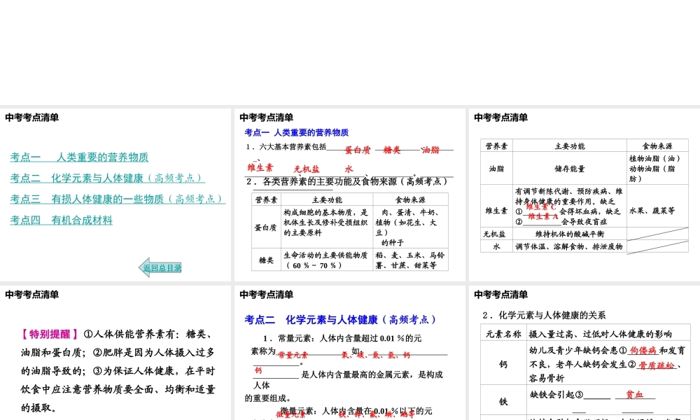 2014年中考化学总复习 考点清单 第一部分 基础知识讲解 第十二单元 化学与生活课件