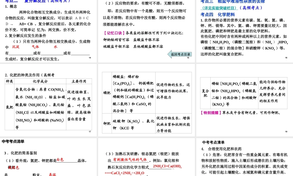 2014年中考化学总复习 考点清单 第一部分 基础知识讲解 第十一单元 盐 化肥课件